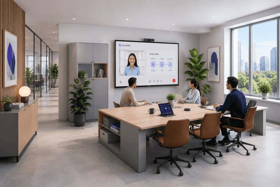 Équipe hybride réunie dans un espace de travail Zovelio